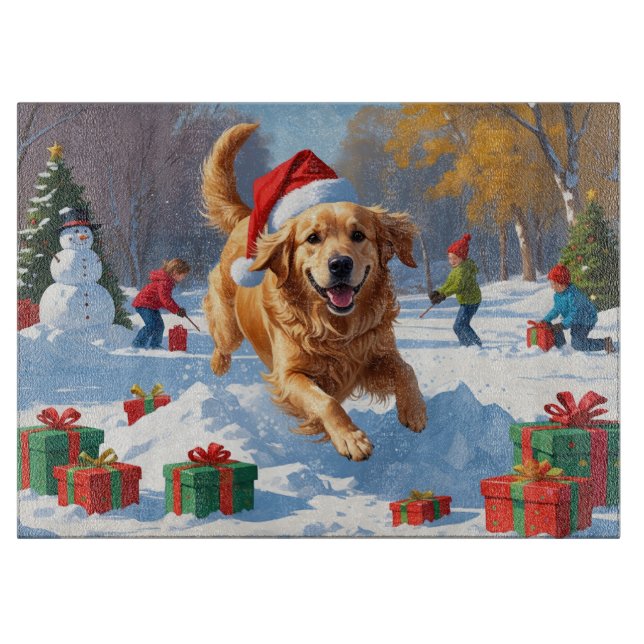 Planche À Découper Golden Retriever en neige avec Casquette de Noël (Devant)