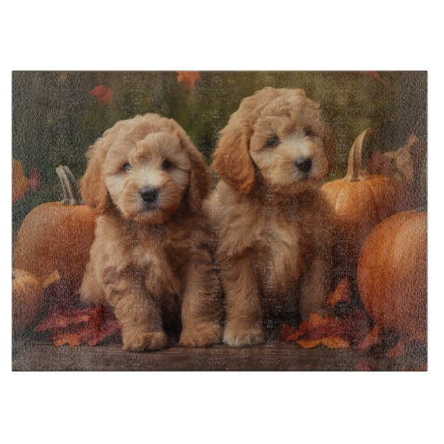 Planche À Découper Goldendoodle Chiot Automne Citrouille délice (Devant)