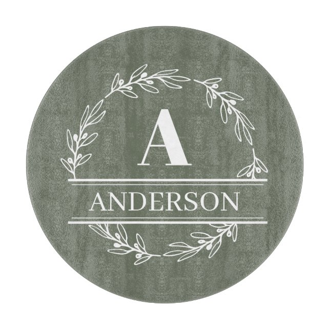 Planche À Découper Green Wreath Nom de famille Monogramme  (Devant)