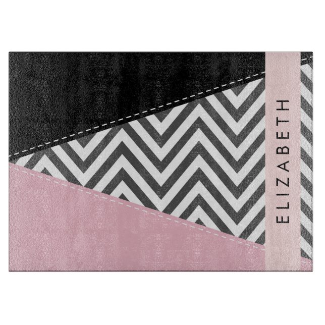 Planche À Découper Grey Zigzag, Grey Chevron, Rose, Votre Nom (Devant)