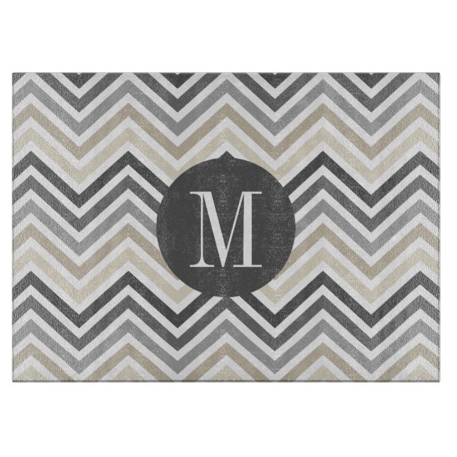 Planche À Découper Gris & Linge Beige Chevron Motif avec Monogramme (Devant)