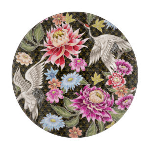 Planche À Découper Grues Asters : Peint Style Japonais sans Seamless