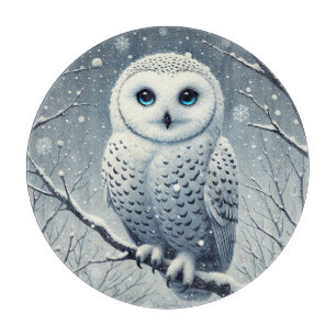 Planche À Découper Hibou des neiges perché sur une branche enneigée 