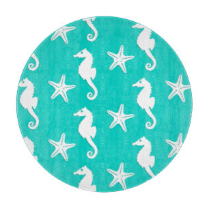 Planche À Découper Hippocampe et étoile de mer - blanc sur turquoise