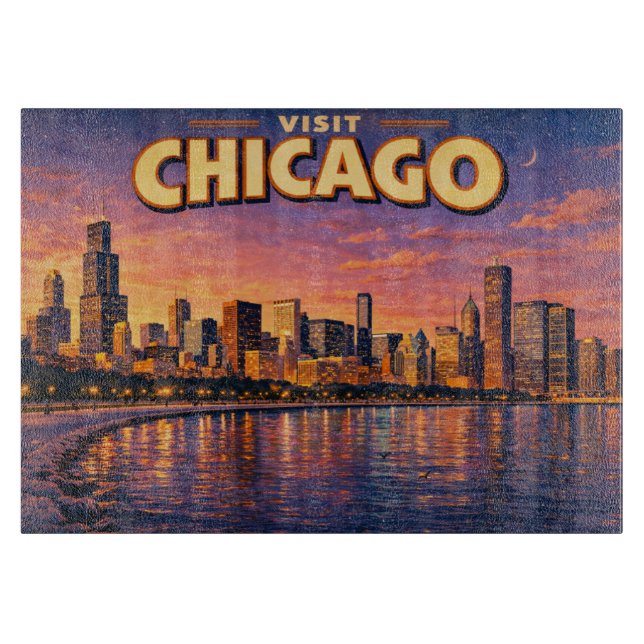 Planche À Découper Horizon de Chicago et lac Michigan au crépuscule (Devant)