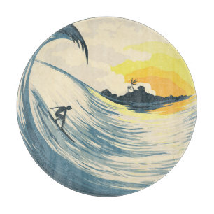 Planche À Découper Île tropicale, vague, coucher de soleil de surfer.