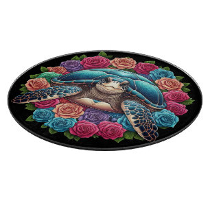 Planche À Découper Illustration de tortue colorée entourée de Roses