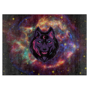 Planche À Découper Illustration graphique de loup, fond cosmique viol