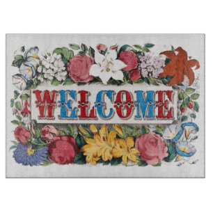 Planche À Découper Illustration vintage BIENVENUE avec des fleurs