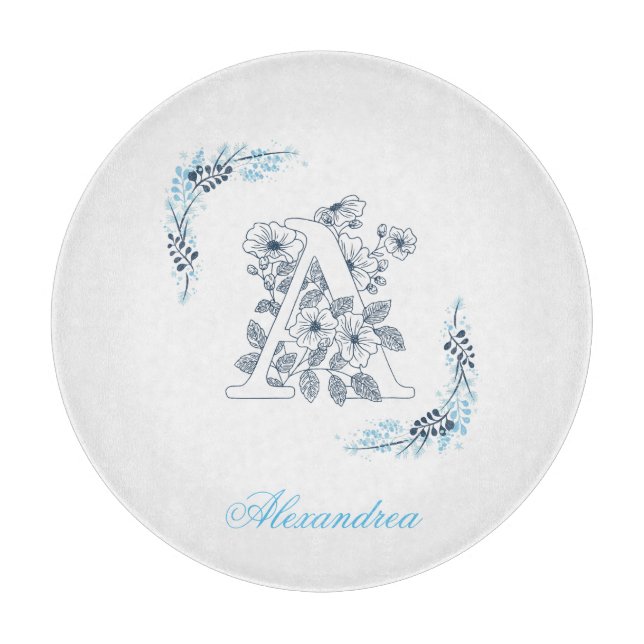 Planche À Découper Initiale "A" Monogramme bleu Calme Floral (Devant)
