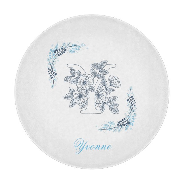 Planche À Découper Initiale "Y" Monogramme bleu Calme Floral (Devant)