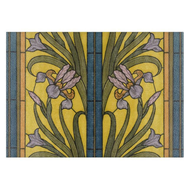 Planche À Découper Iris Fleur Art Nouveau Vitrail Bleu Or (Devant)