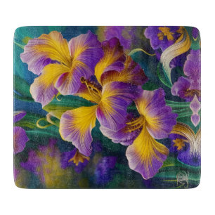 Planche À Découper Iris Floral Violet et bleu or feuilles