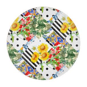 Planche À Découper italien, art sicilien, patchwork, Fleurs d'été  