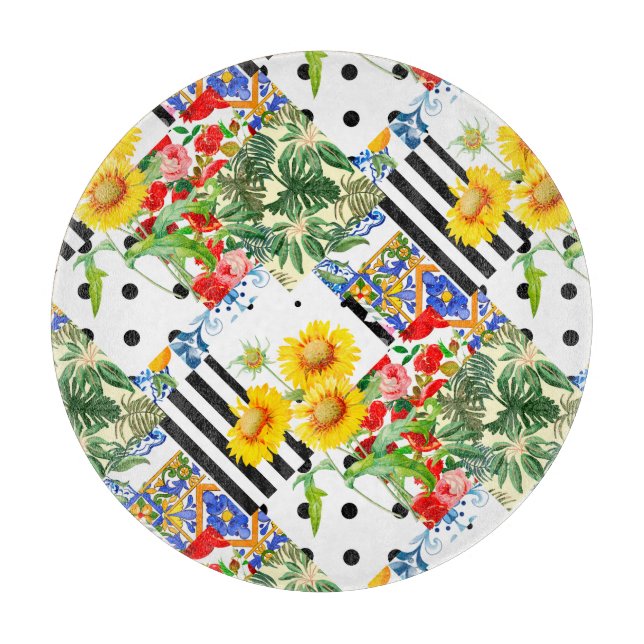 Planche À Découper italien, art sicilien, patchwork, Fleurs d'été   (Devant)