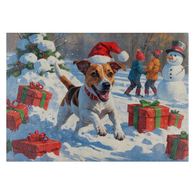 Planche À Découper Jack Russell Courir en neige avec Casquette de Noë (Devant)