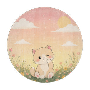 Planche À Découper Joli Chaton Clin d'Œil dans Prairie de Fleurs Sauv