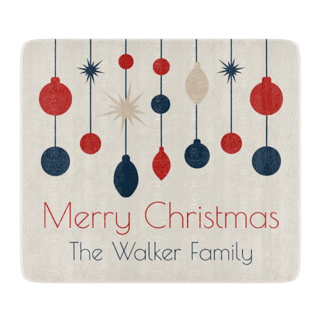 Planche À Découper Joli Retro Joyeux Noël Rouge Bleu Ornements (Devant)