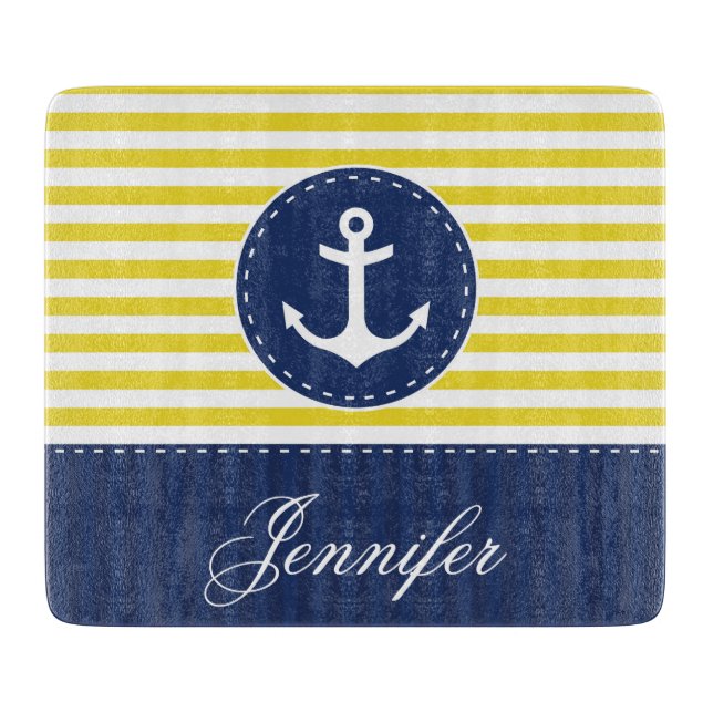 Planche À Découper Jolie Ancre bleu marine Jaune Texte personnalisé (Devant)
