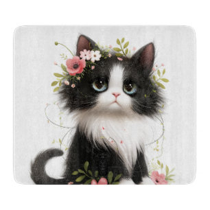 Planche À Découper Jolie Tuxedo Kitten avec Fleurs