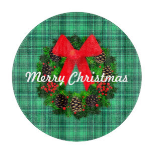 Planche À Découper Joyeuse couronne de Noël Plaid Retro Holiday Round