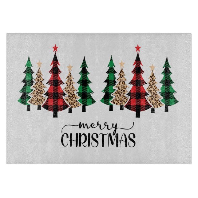 Planche À Découper Joyeux Noël Arbres à carreaux rouges et verts  (Devant)