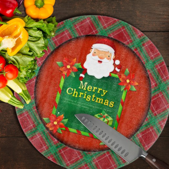 Planche À Découper Joyeux Noël Père Noël Tartan Plaid (Merry Christmas Santa Tartan Plaid Cutting Board by Looly Elzayat
)