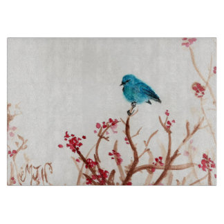 Planche À Découper La taille du verre bleue d'oiseau et de baies