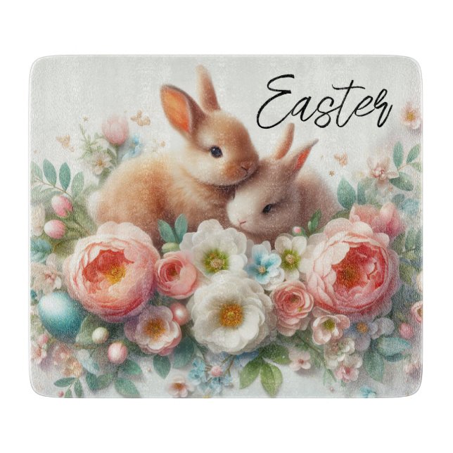 Planche À Découper Lapins de Pâques, oeufs et fleurs (Devant)
