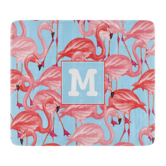 Planche À Découper Les Flamants roses roses lumineux sur le bleu | (Devant)