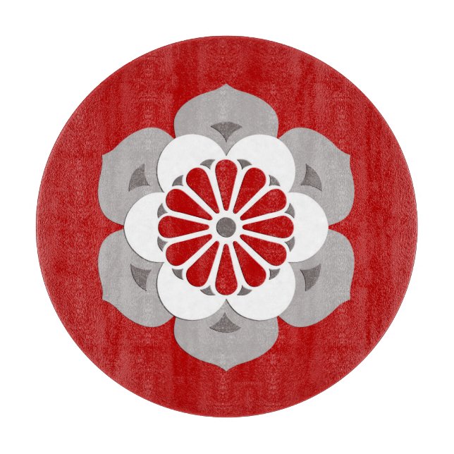 Planche À Découper Lotus Flower Mandala, rouge foncé, gris et blanc (Devant)