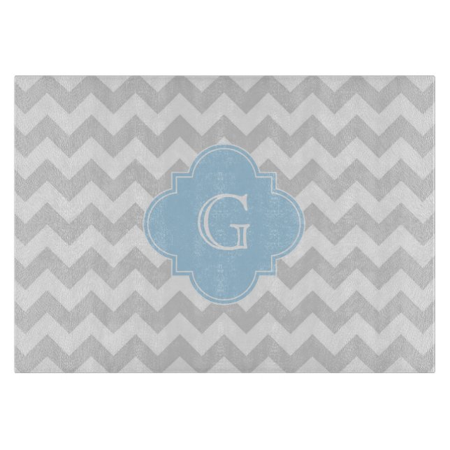 Planche À Découper Lt Gris Blanc Chevron Lt Blue Quatrefoil Monogramm (Devant)