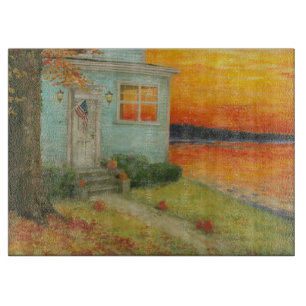 Planche À Découper Maison de lac poétique au crépuscule d'automne
