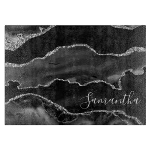 Planche À Découper Marbre Agate Noir et Paillettes de Faux Argent