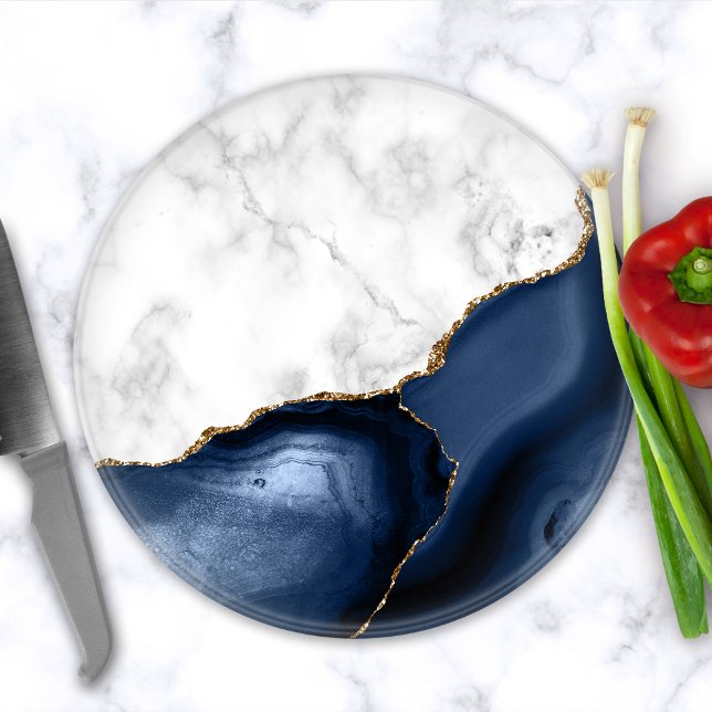 Planche À Découper Marbre Blanc Agate Bleu Marine Doré Rond (Créateur téléchargé)