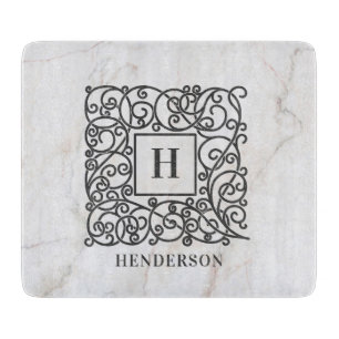 Planche À Découper Marbre blanc élégant Monogramme Nom de famille