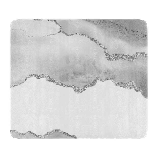 Planche À Découper Marbre blanc gris Agate Parties scintillant argent (Devant)