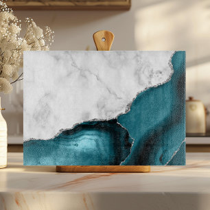 Planche À Découper Marbre blanc paillettes argentées agate bleu sarce