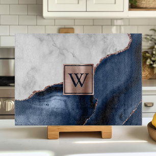 Planche À Découper Marbre blanc Rose Gold Marine Blue Agate Monogramm
