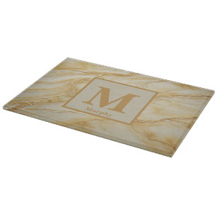 Planche À Découper Marbre jaune clair avec monogramme aux veines de b