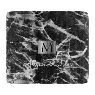 Planche À Découper Marbre noir et gris, Boîte d'argent, Nom et Monogr