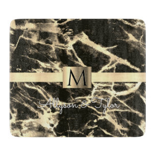 Planche À Découper Marbre noir et or, Bande d'or, Nom et Monogramme