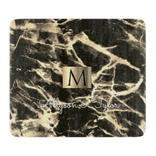 Planche À Découper Marbre noir et or, Boîte or, Nom et Monogramme