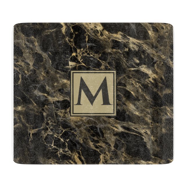 Planche À Découper Marbre noir et or de luxe | Monogramme (Devant)