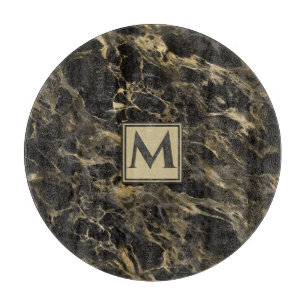 Planche À Découper Marbre noir et or de luxe   Monogramme
