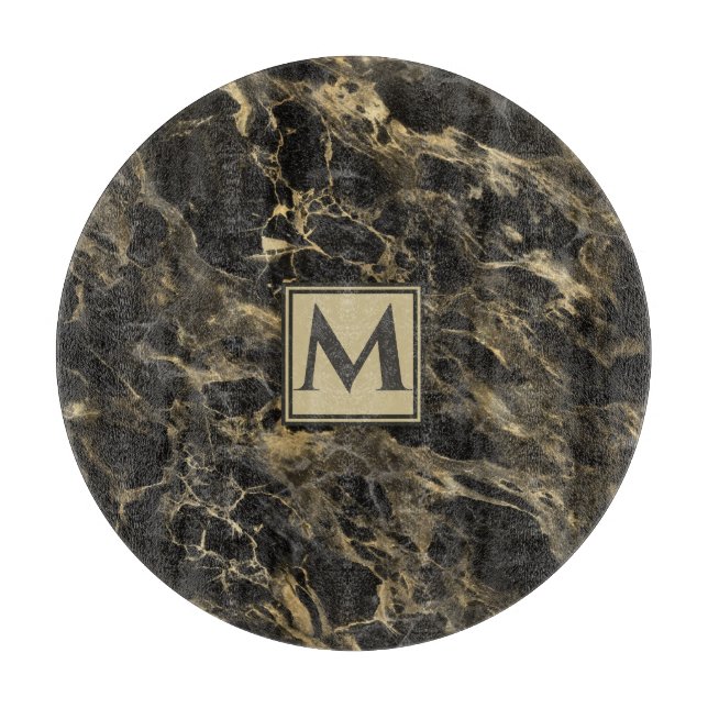 Planche À Découper Marbre noir et or de luxe | Monogramme (Devant)