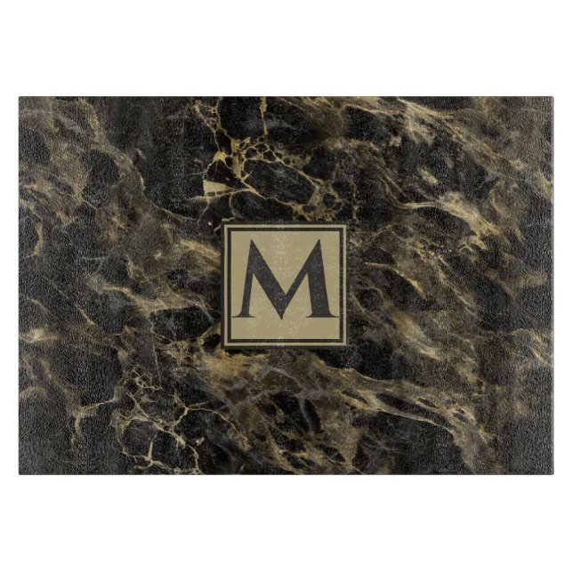 Planche À Découper Marbre noir et or de luxe | Monogramme (Devant)