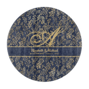 Planche À Découper Mariage de la feuille d'or bleu de la marine Monog