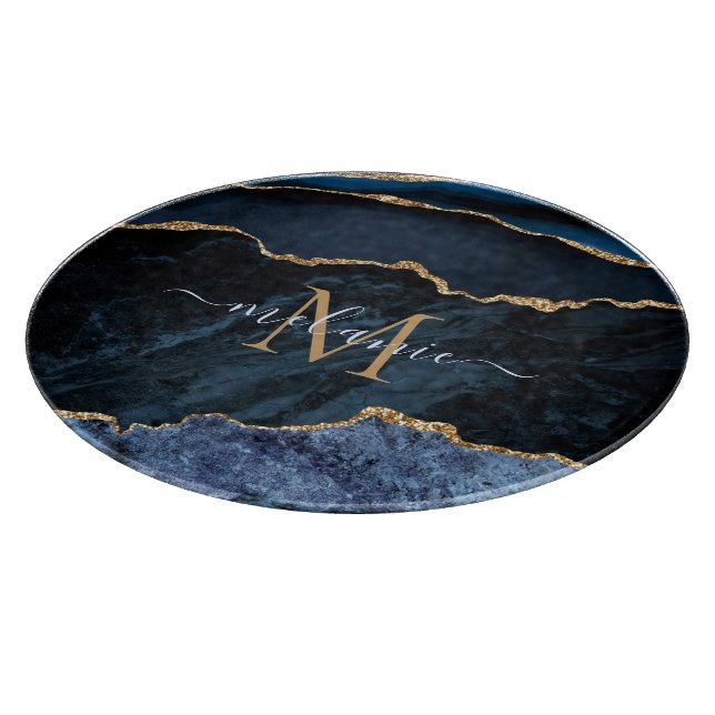 Planche À Découper Marine Blue Gold Marble Monogramme Nom du tableau  (Coin)