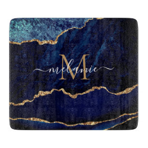Planche À Découper Marine Blue Gold Marbre Votre nom Tableau de décou